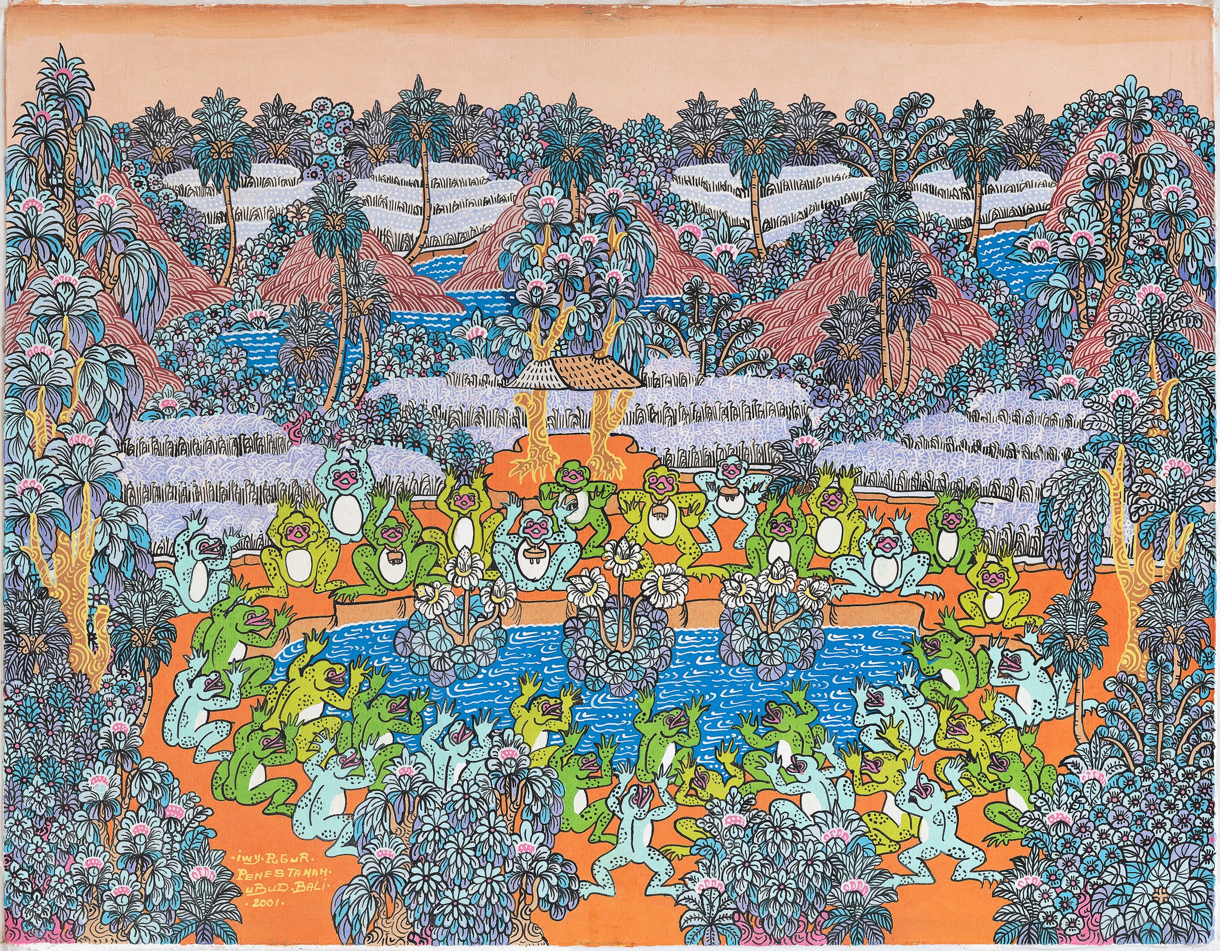Dozens of green and blue frogs gather around a vivid pond beneath a seated central figure and dense foliage.