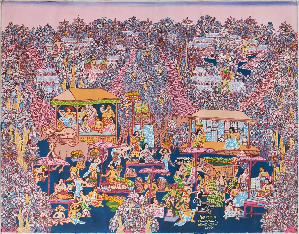 A crowded village market with people, cattle, baskets and stalls surrounded by pink and blue vegetation.