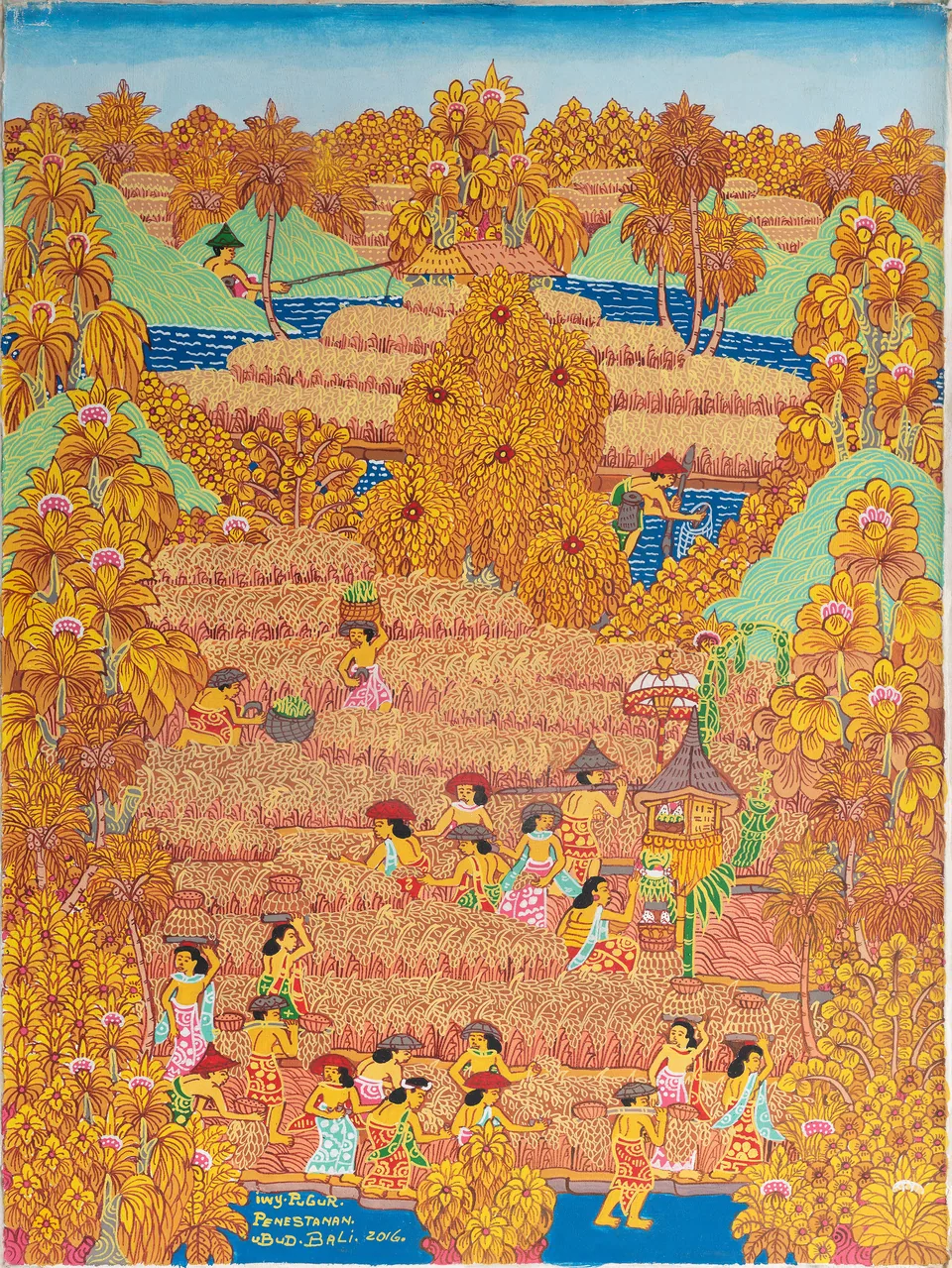 A vertical golden harvest landscape with workers, a central shrine and narrow blue waterways.