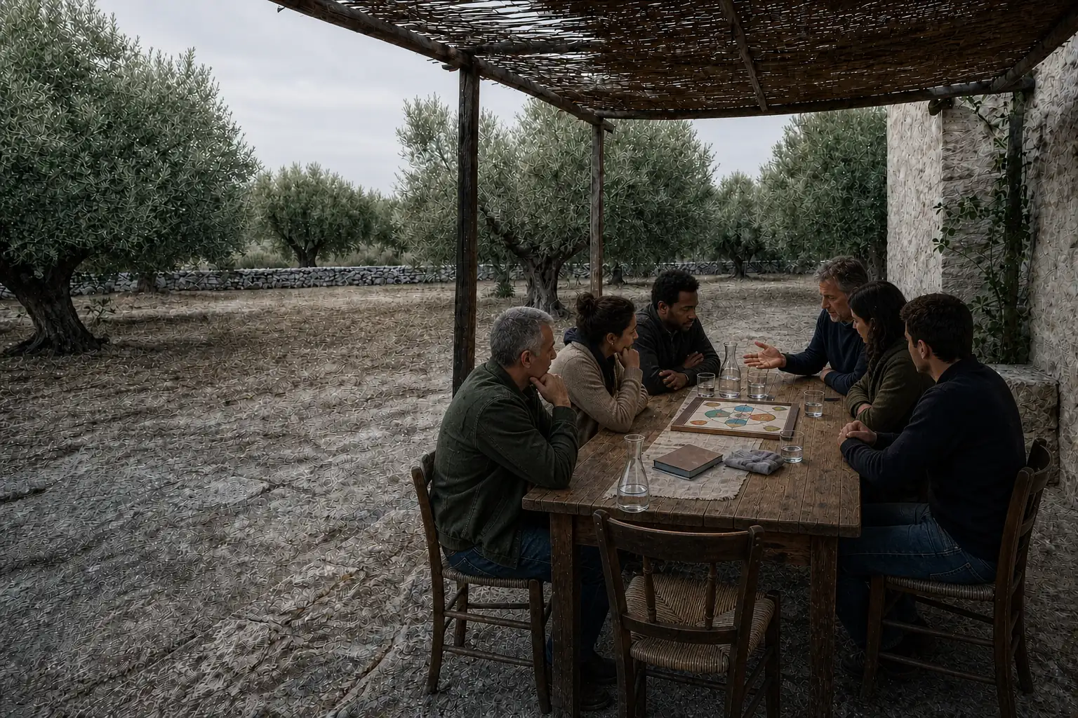 Editorial visualisation of six adults around a symbolic board under olive trees