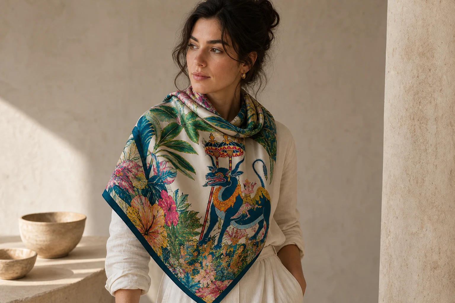 Collector-scale Botanical Dragon silk worn as a generous wrap in warm natural light