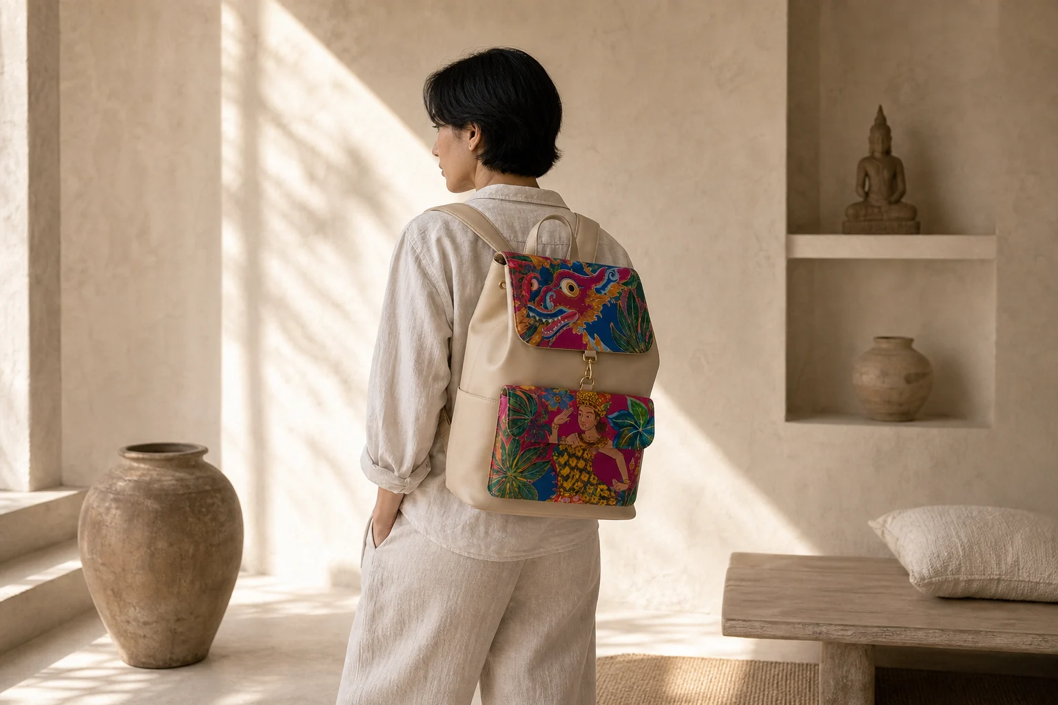 Person in natural linen wearing the cream Dragon Garden Backpack in a warm gallery interior