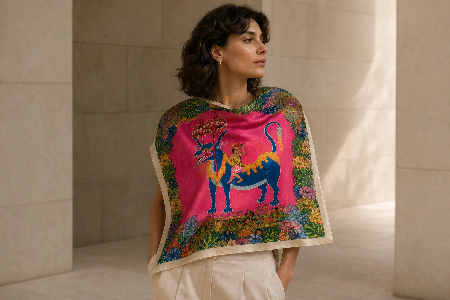 Dragon Procession atelier silk worn loosely across the shoulders in a pale stone interior