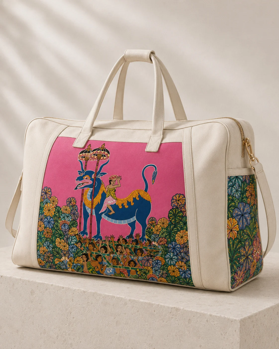 Cream weekender with pink dragon procession and garden side panels presented on stone