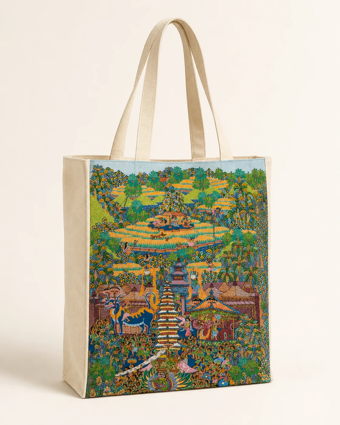 Natural canvas object printed with I Wayan Pugur’s ceremonial work