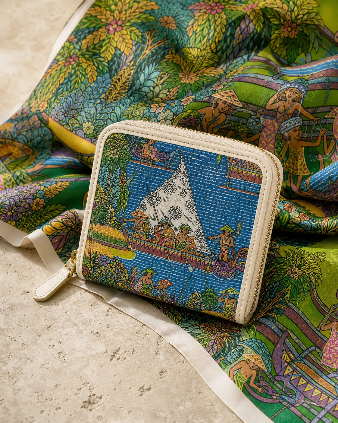 Folded bathing silk carrying Pugur’s water and terrace motifs